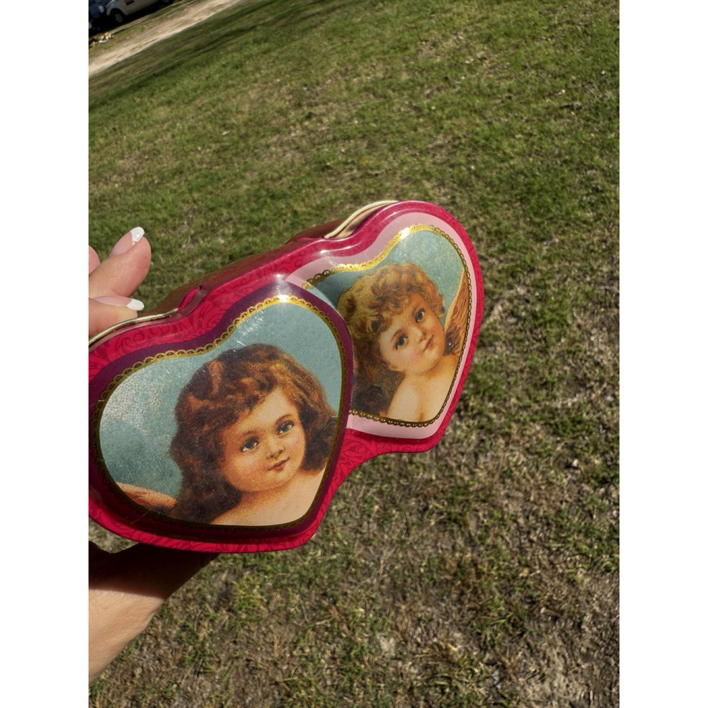 Double Heart-Shaped Storage Tin Trinket Box Collectible Christmas Angels Cherubs